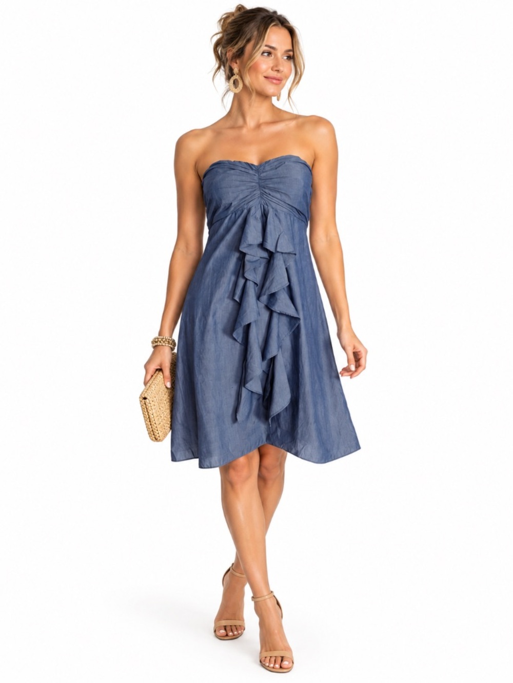 J. Crew Strapless Blue Ruffle Front Coastal Resort Romantic Preppy Dress Size 4